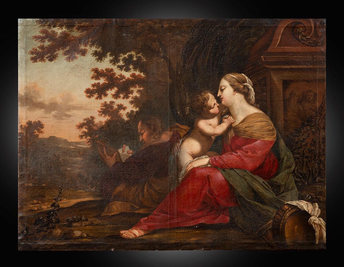 Unknown Figurative Painting - Antique oil on canvas painting depicting resting from the flight to Egypt.