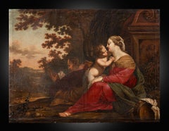 Antique oil on canvas painting depicting resting from the flight to Egypt.