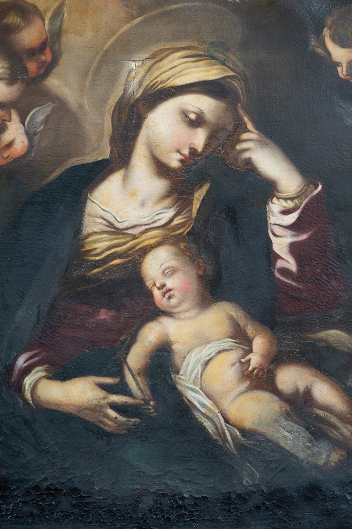 Dipinto antico olio su tela raffigurante Madonna col Bambino. - Painting by Unknown