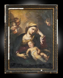 Antikes Ölgemälde auf Leinwand, das die Madonna mit Kind darstellt.