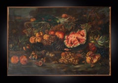 Peinture ancienne à l'huile sur toile représentant une nature morte avec des fruits. Rome 19e siècle