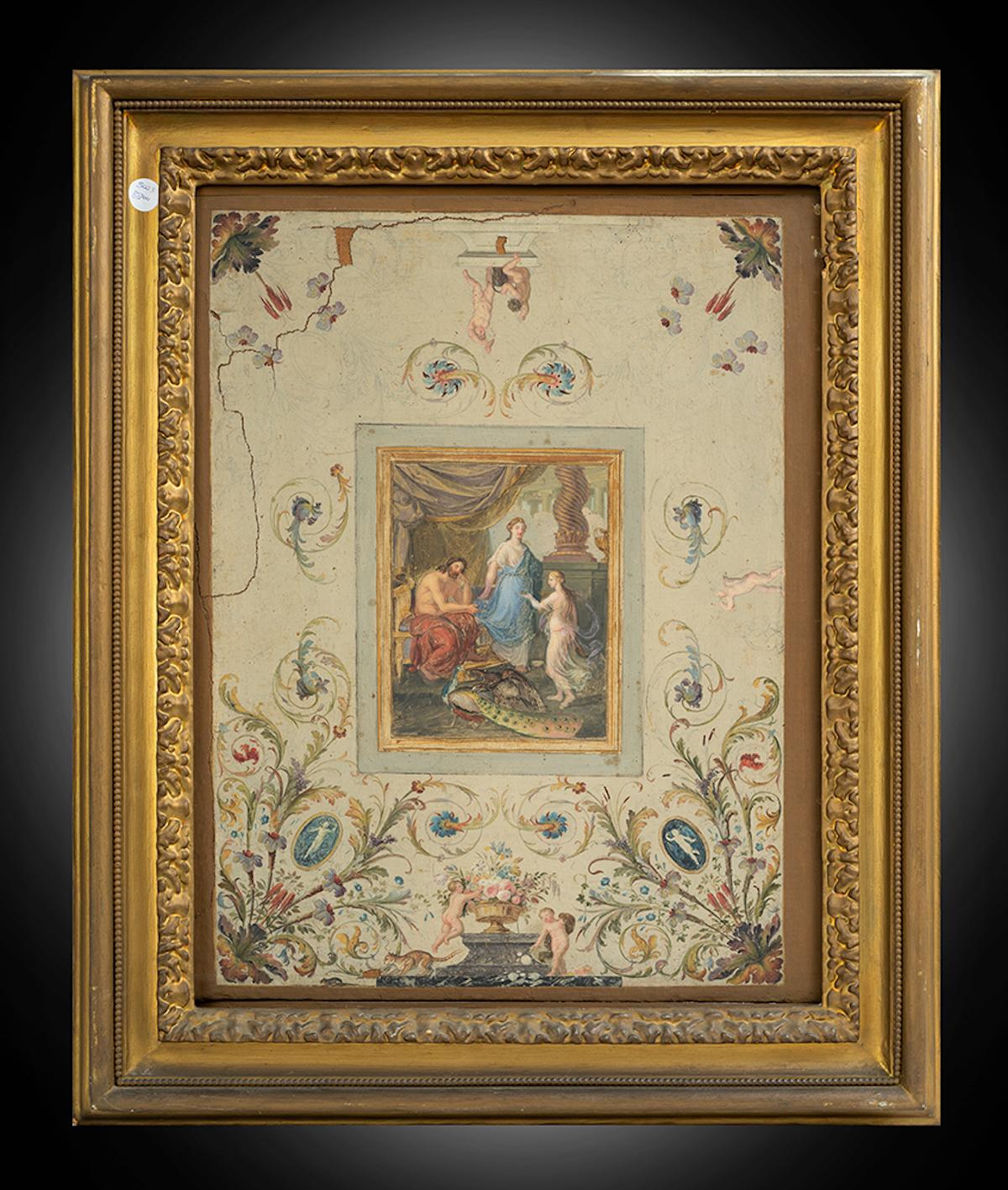Figurative Painting Unknown - Peinture ancienne à l'huile sur toile représentant une scène néoclassique