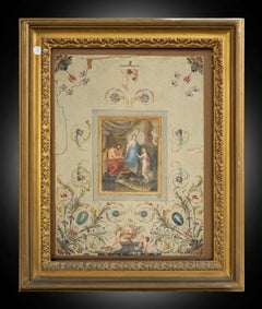 Peinture ancienne à l'huile sur toile représentant une scène néoclassique