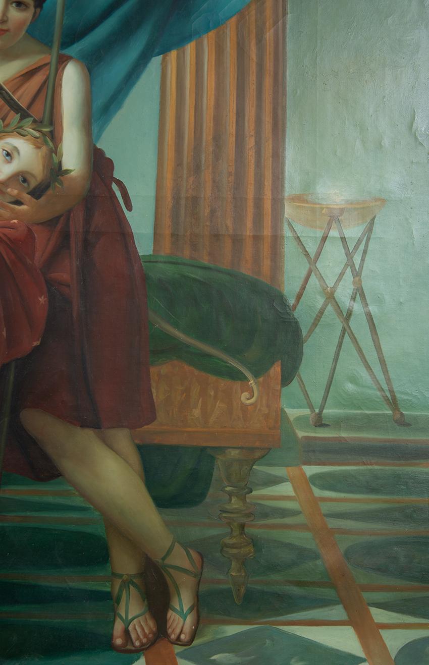Antikes Ölgemälde auf Leinwand, das eine neoklassizistische Szene mit Architektur darstellt.

Die Szene spielt sich im Vordergrund ab, und es sind drei Personen in historischer Kleidung zu sehen.

Für Tiefe sorgen das Bett hinter den Figuren und die