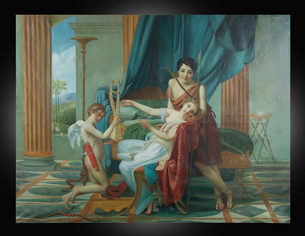 Unknown Figurative Painting – Antikes Gemälde in Öl auf Leinwand, das eine neoklassizistische Szene darstellt. Frankreich 20. Jahrhundert.