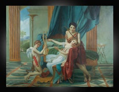 Peinture ancienne à l'huile sur toile représentant une scène néoclassique. France 20e siècle.