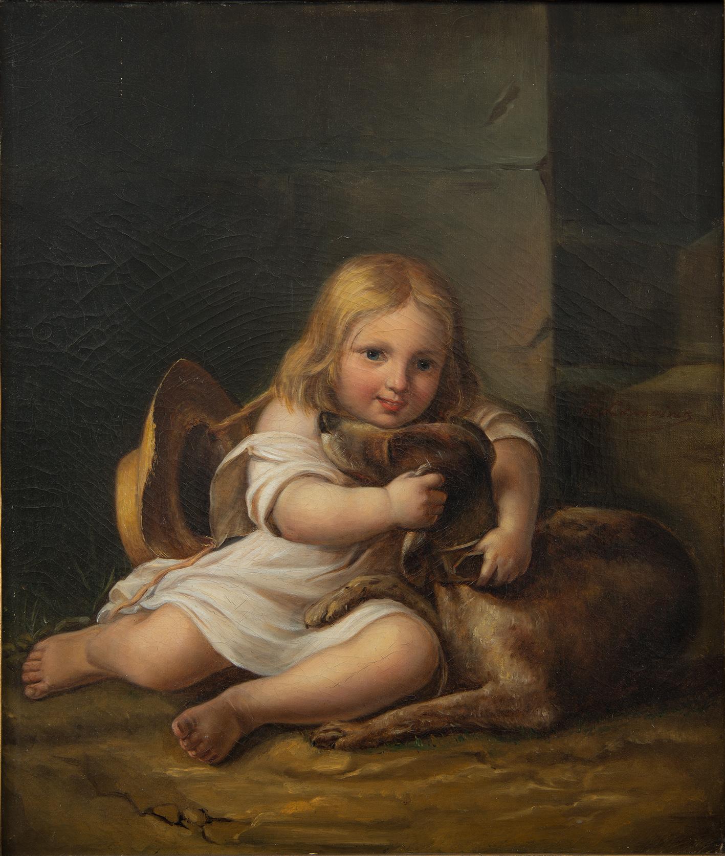 Antike Öl auf Leinwand Gemälde von einem kleinen Mädchen mit einem Hund. – Painting von Unknown