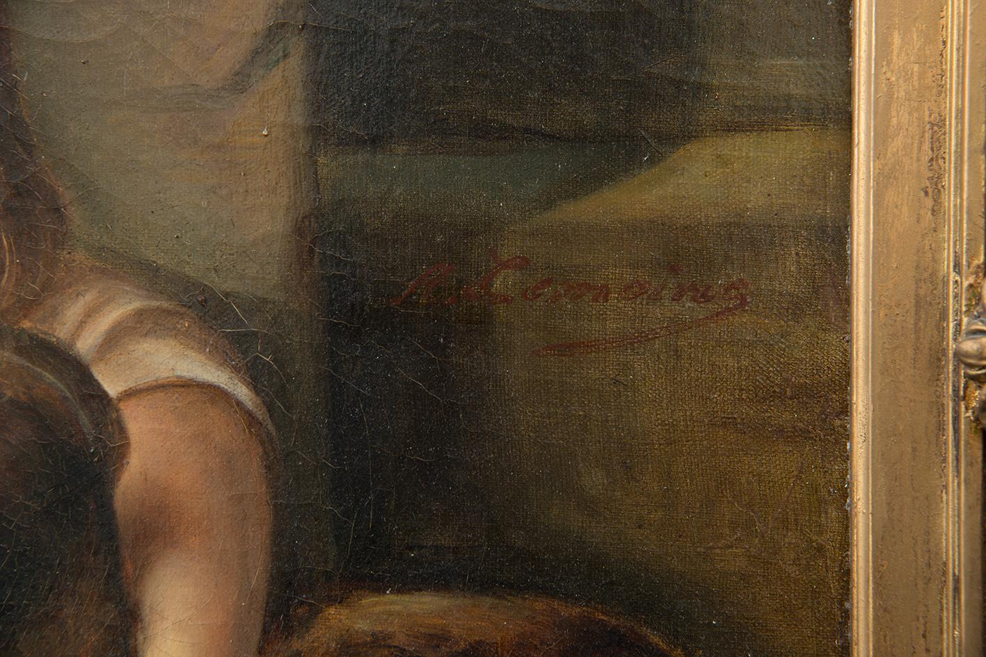 Antike Öl auf Leinwand Gemälde eines kleinen Mädchens mit einem Hund signiert 'A.Lemoine' (1809-1839) mit coeval Rahmen. 

Die Szene spielt sich im Vordergrund ab, mit dem kleinen Mädchen in zeitgenössischer Kleidung, das zärtlich seinen Hund