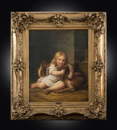 Antique oil on canvas painting depicting a little girl with a dog.