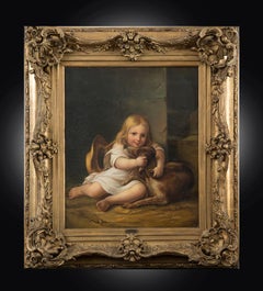 Peinture ancienne à l'huile sur toile représentant une petite fille avec un chien.