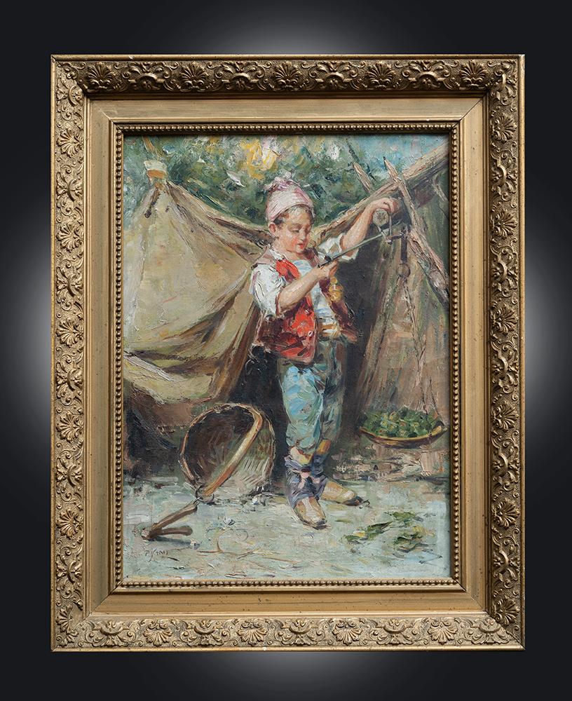 Unknown Figurative Painting - Antique oil on canvas painting depicting salesman Naples 20th century