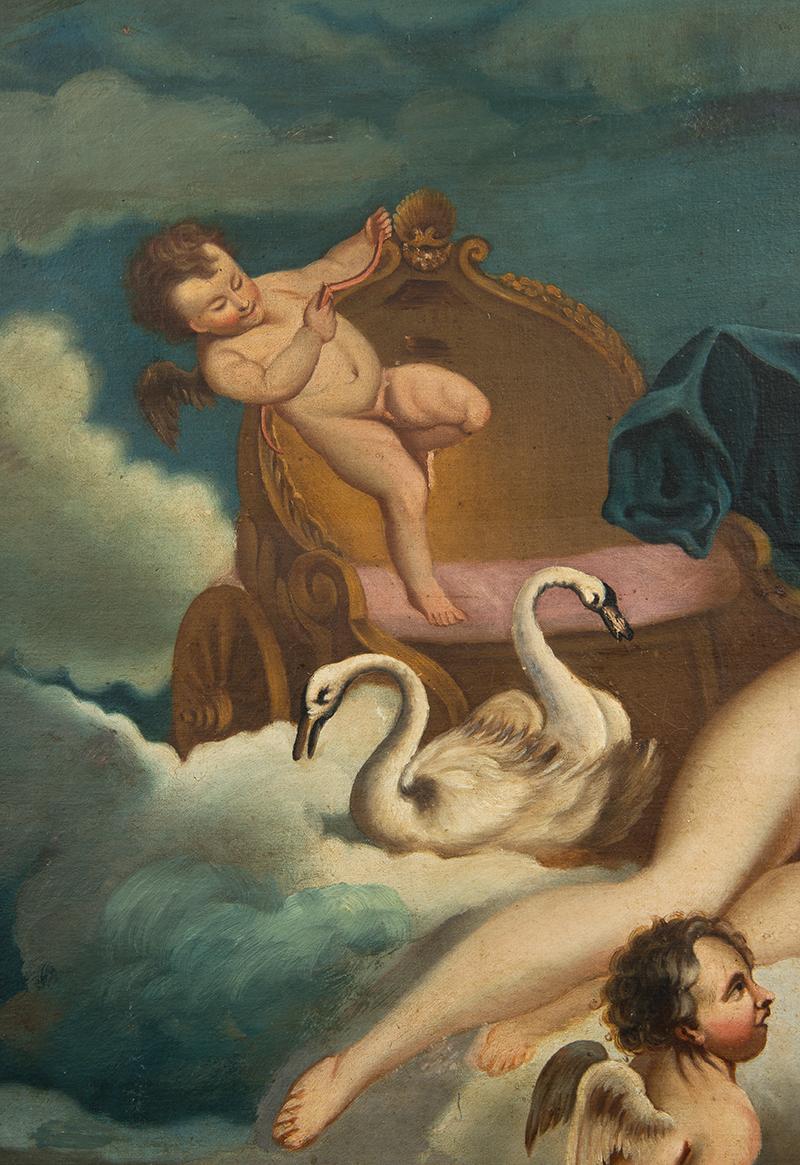 Antique oil on canvas painting depicting Venus and Adonis.

The painting depicts in a sublimated atmosphere the death of Adonis, the young man loved by Venus, who was mortally wounded by a wild boar during a hunting trip.

The myth, taken from Book
