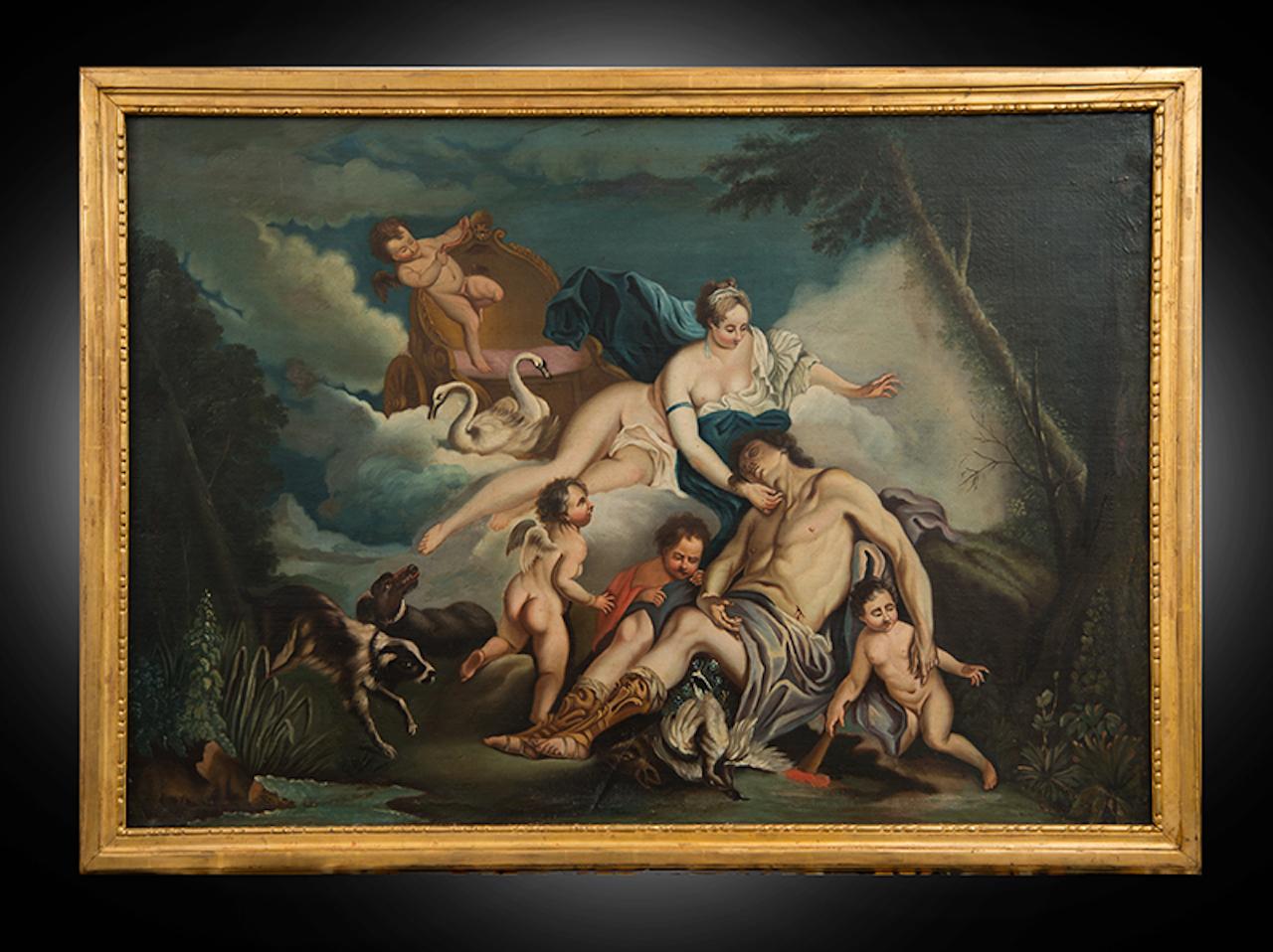 Unknown Figurative Painting - Antique oil on canvas painting depicting Venus and Adonis coveted "Boucher." France