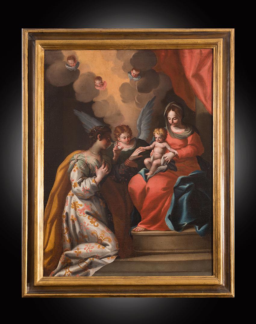 Unknown Figurative Painting - Antique painting depicting the mystical marriage of Saint Catherine. Naples 19sec