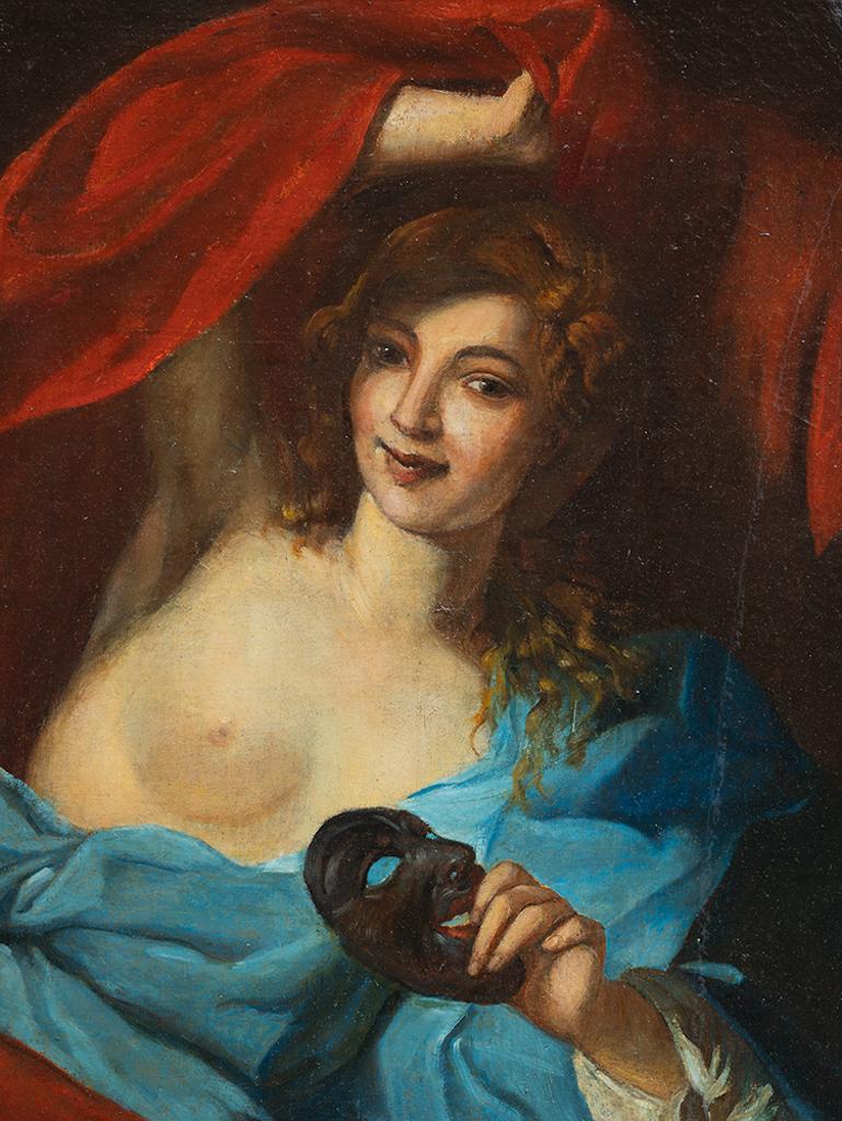 Peinture à l'huile ancienne sur toile représentant le portrait d'une femme noble avec un cadre en bois doré datant de la même époque.

Elle représente une femme d'un rang social élevé, vêtue d'une robe aux couleurs vives telles que le rouge et le
