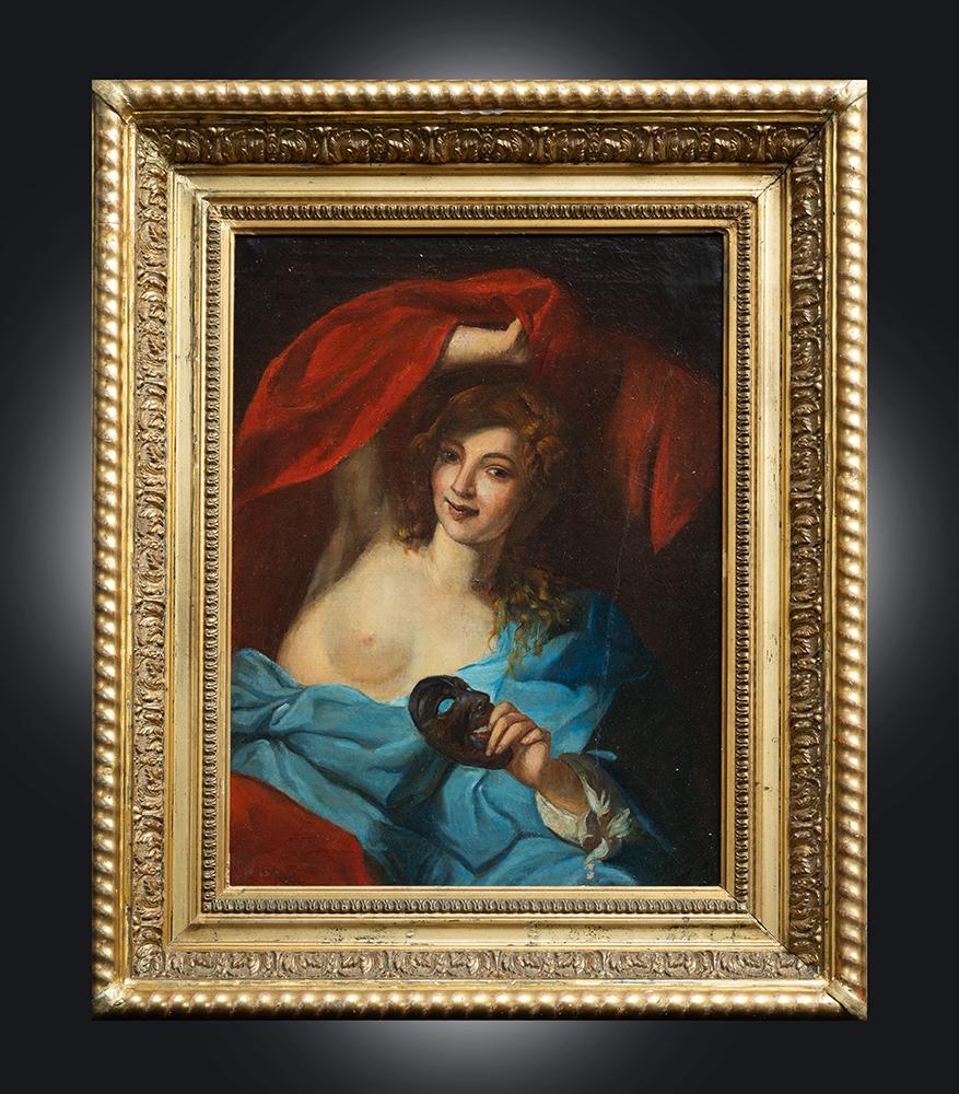 Unknown Figurative Painting - Antique Venetian painting depicting noblewoman with mask. 19th century period.