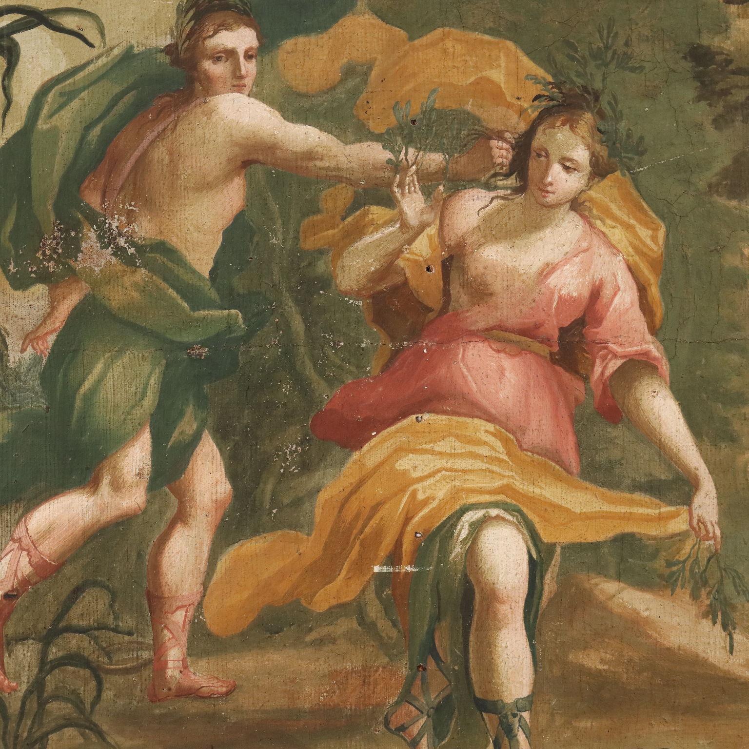Huile sur toile. École toscane du XVIIIe siècle.
La grande scène raconte l'histoire tragique d'Apollon et de Daphné, relatée dans les Métamorphoses d'Ovide. Selon le mythe, le dieu Apollon, après avoir nargué Cupidon, reçoit de lui une flèche