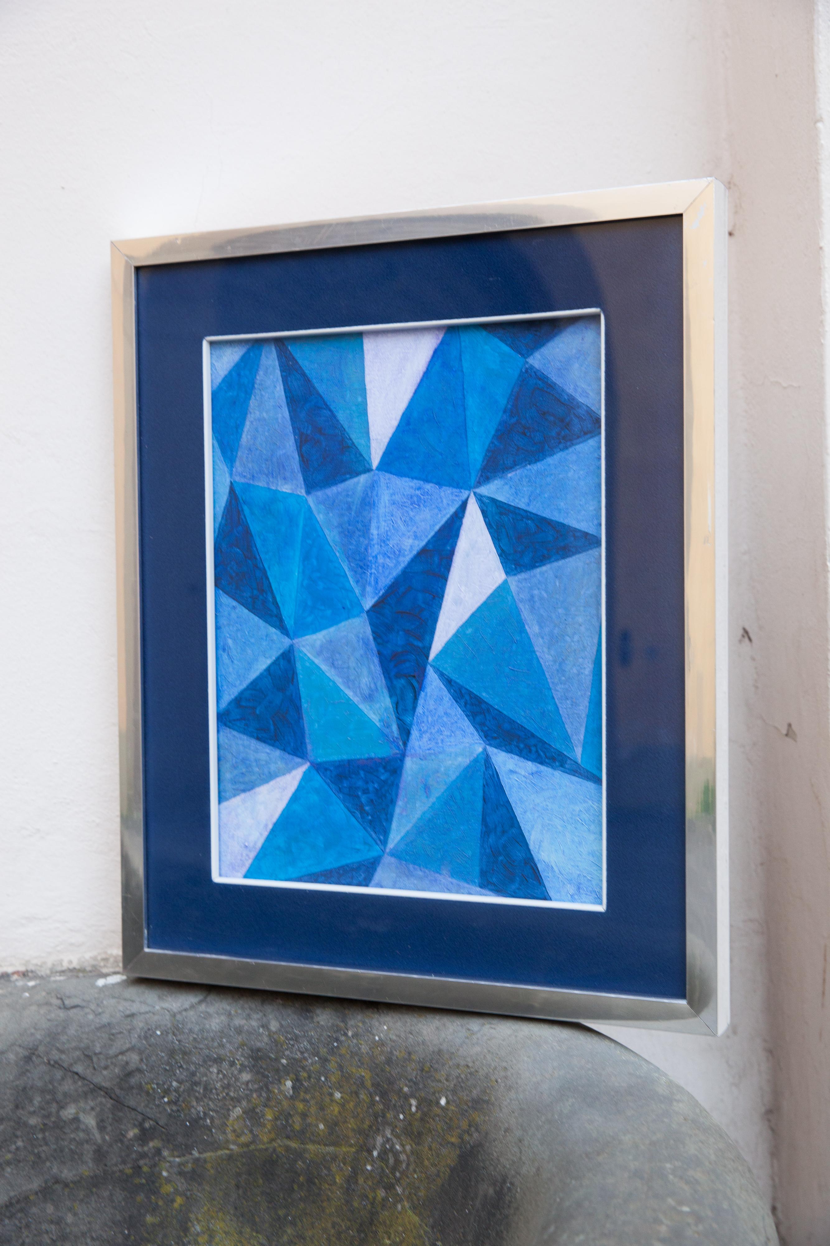 Abstract painting with geometric play of blue triangles. Circa 1970 - Painting by Unknown
