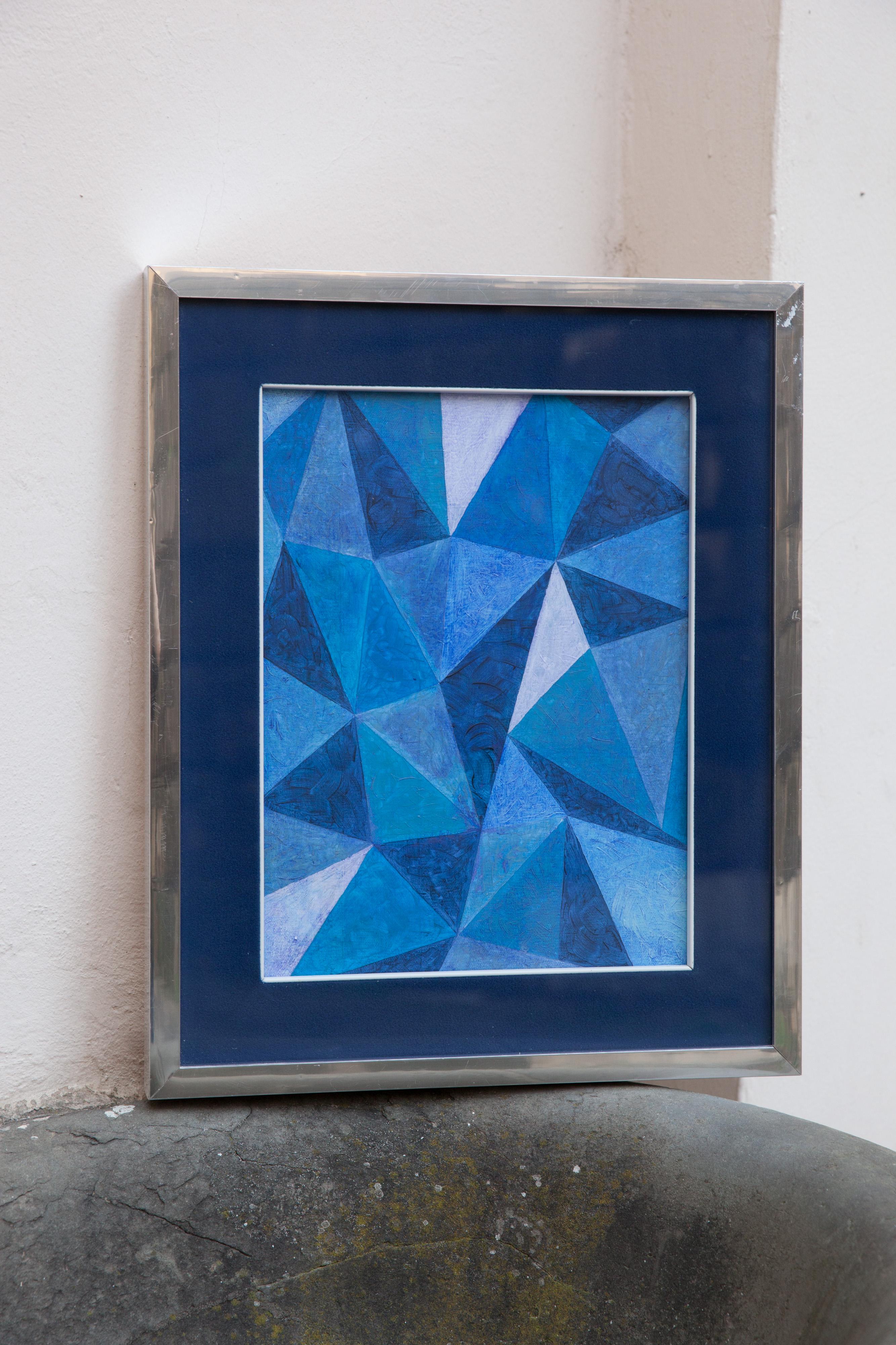 Abstract painting with geometric play of blue triangles. Circa 1970 - Abstract Geometric Painting by Unknown