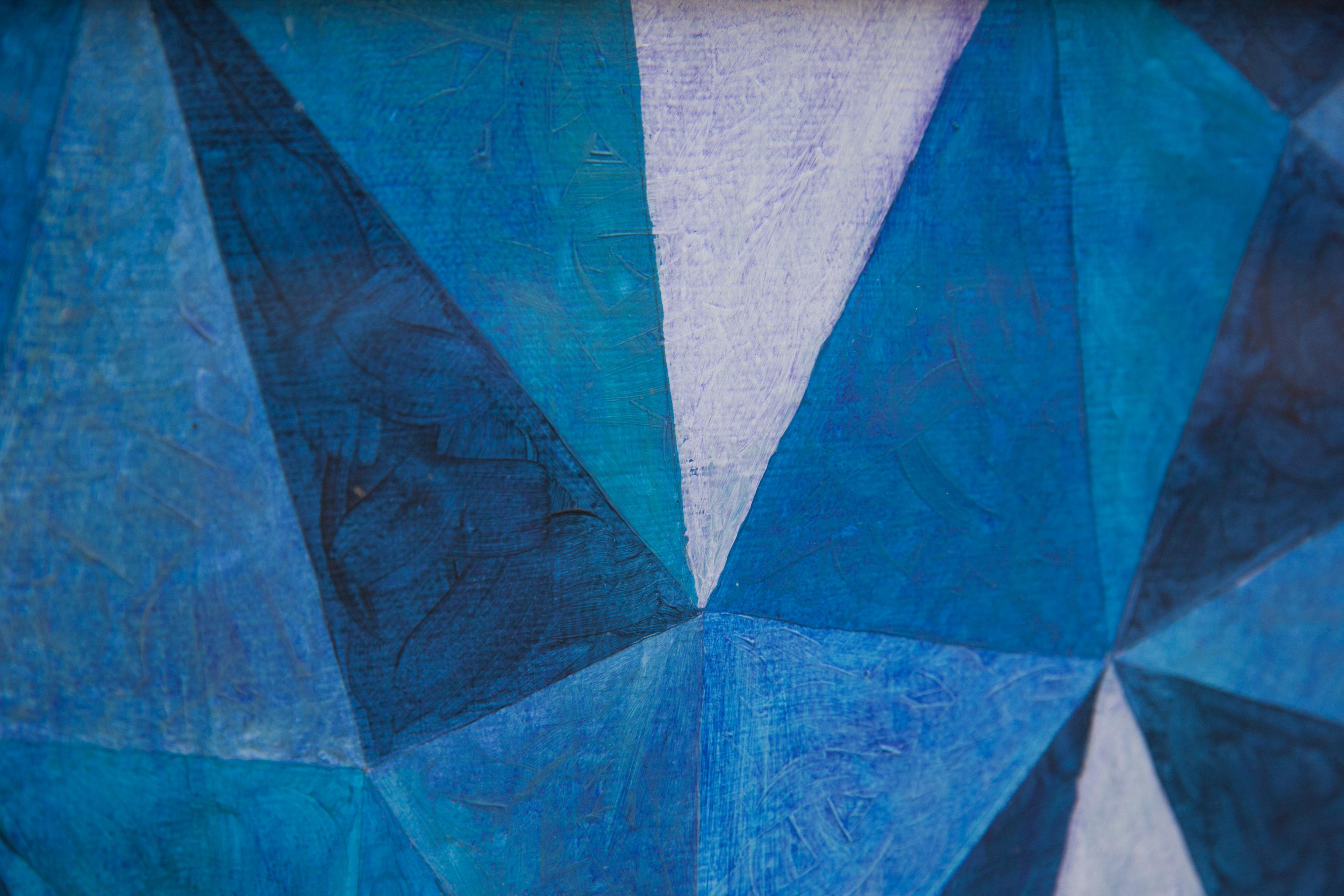 Abstract painting with geometric play of blue triangles. Circa 1970 For Sale 1
