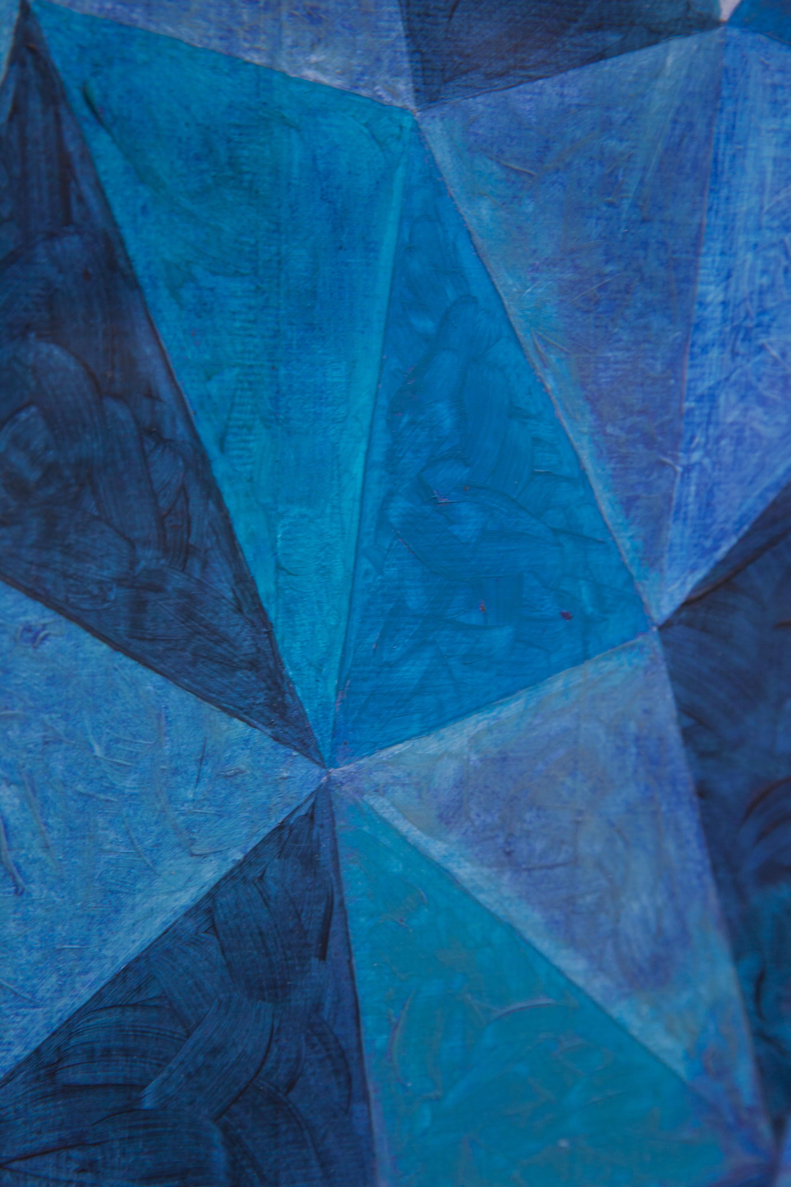 Abstract painting with geometric play of blue triangles. Circa 1970 For Sale 2