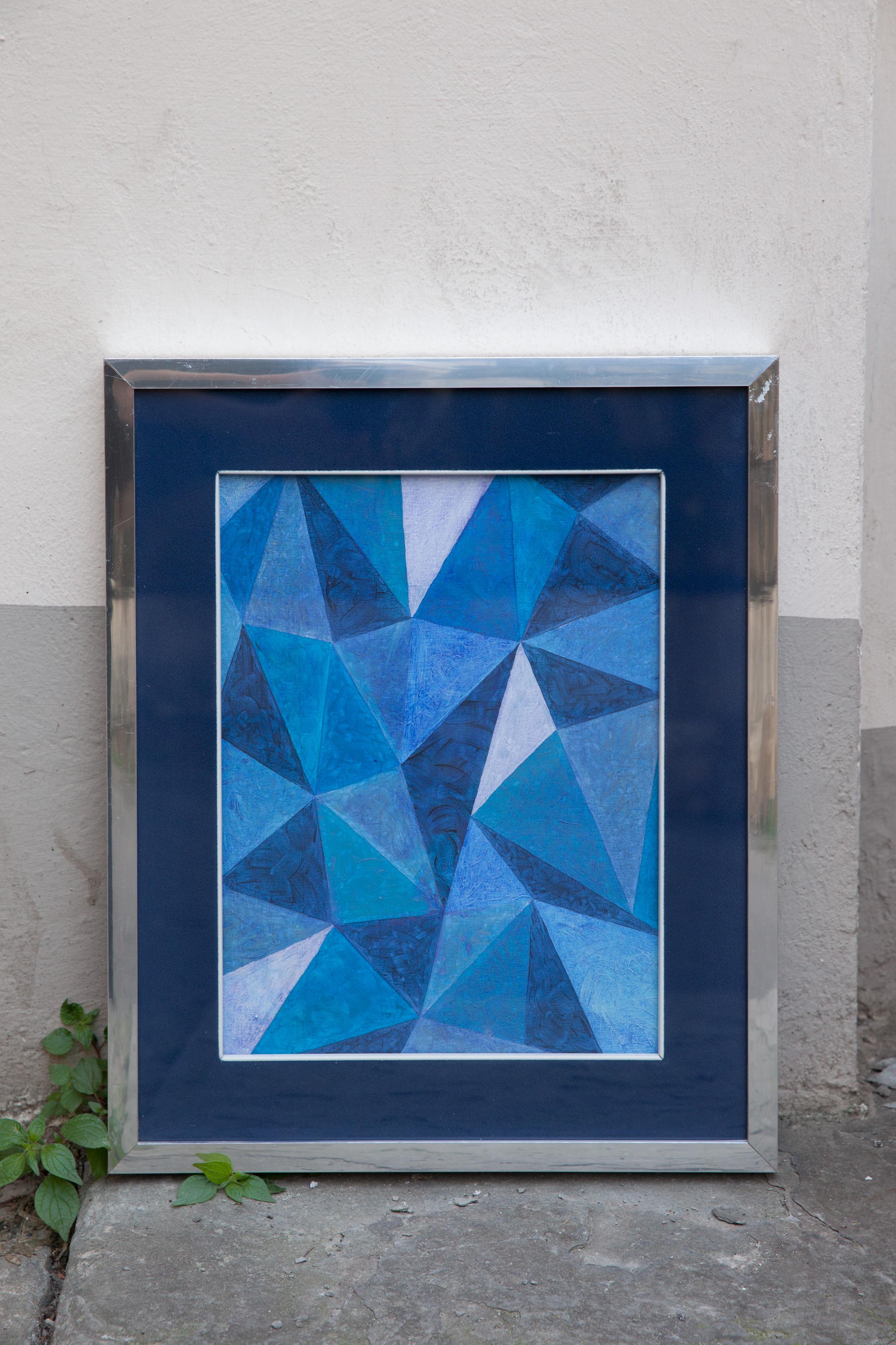 Abstract painting with geometric play of blue triangles. Circa 1970 For Sale 3