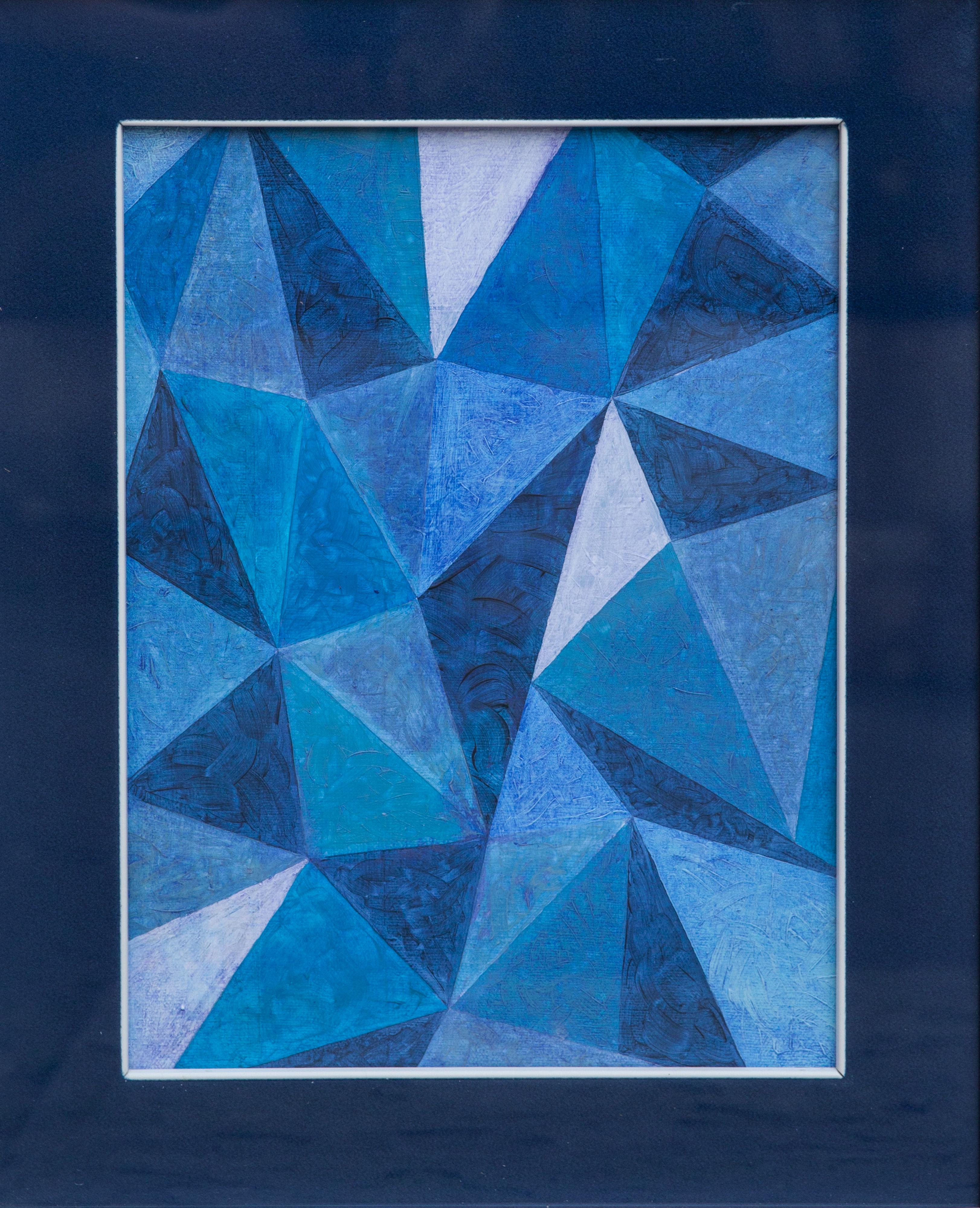 Abstraktes Gemälde mit geometrischem Spiel auf blauen Dreiecken. Um 1970