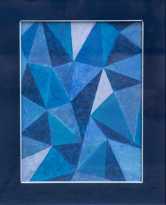 Vintage Abstract painting with geometric play of blue triangles. Circa 1970