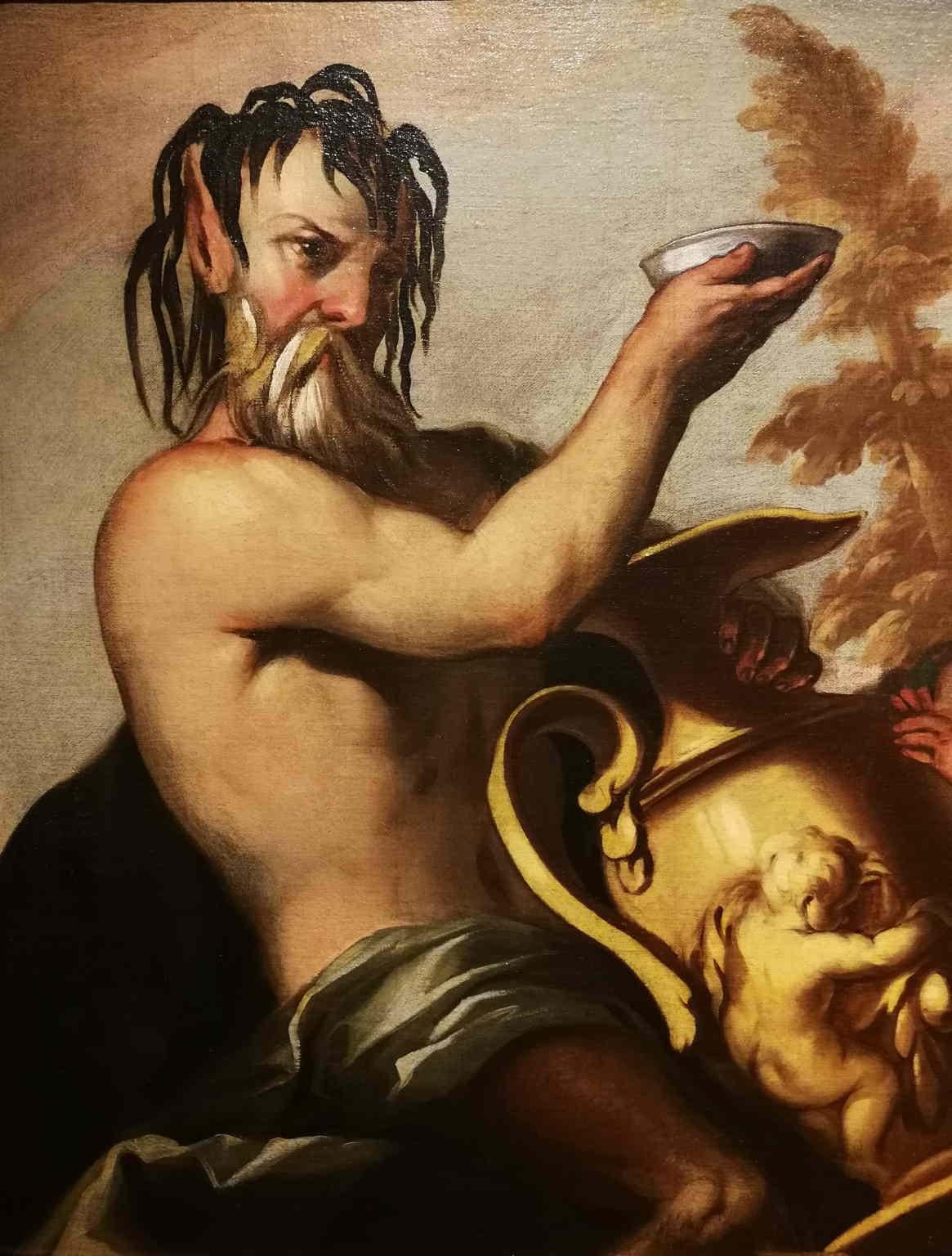 Pintura barroca veneciana del siglo XVII con tema mitológico óleo sobre lienzo - Figurative Painting Brown de Unknown