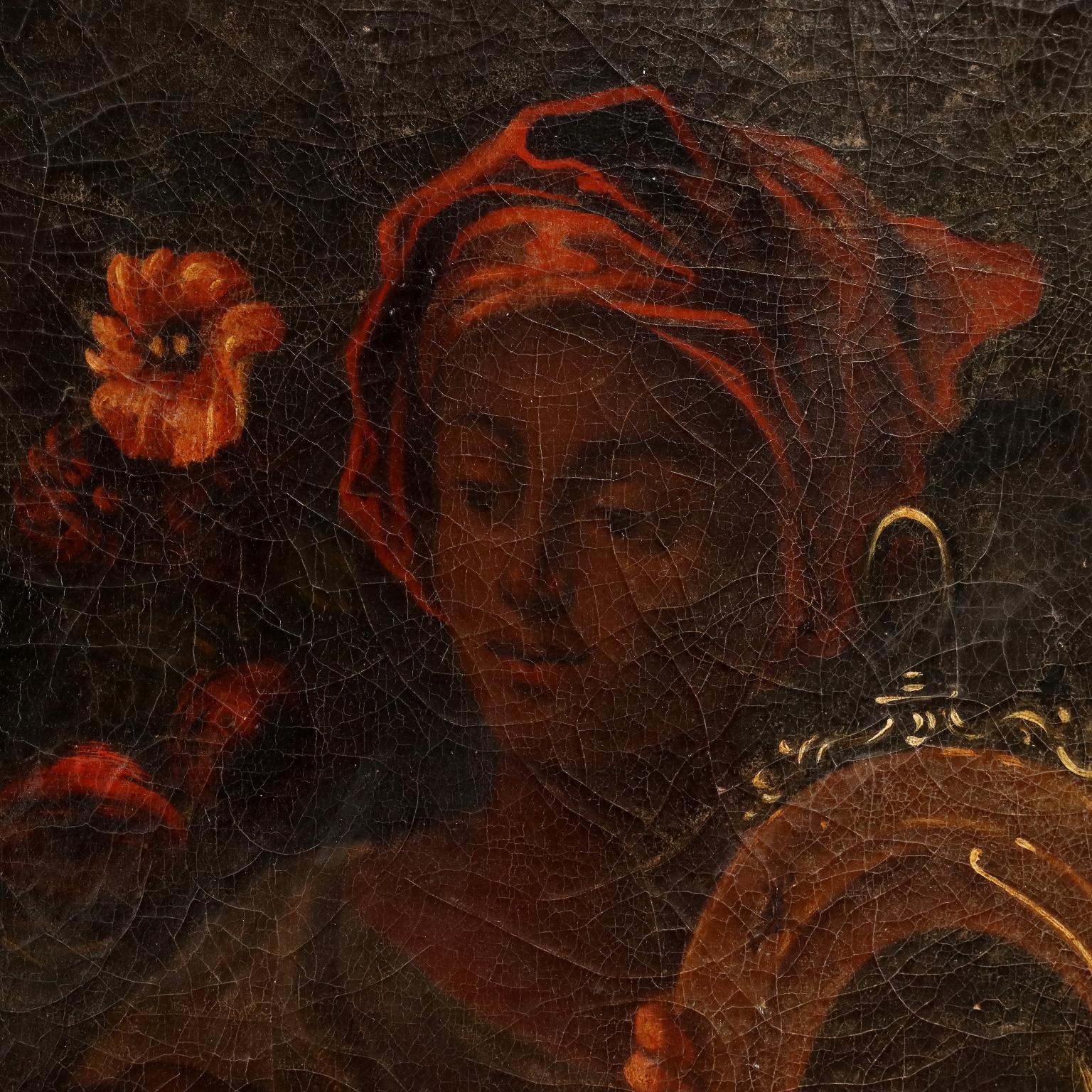 Olio su tela. Il dipinto di grandi dimensioni, riprende le modalità pittoriche del XVII secolo ma è di epoca successiva, ed è stato realizzato su una tela applicata su altra più antica.
La scena racconta l' episodio biblico (tratto dal Libro dei Re)