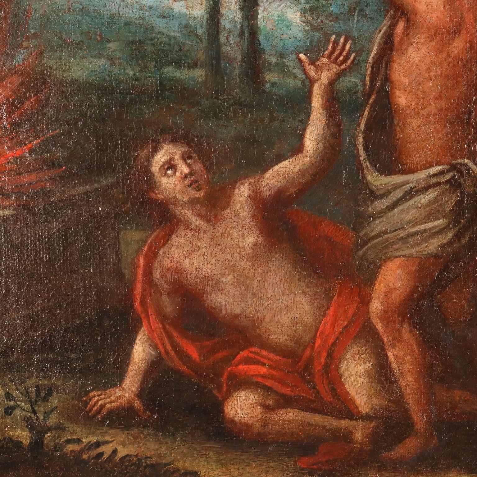 Olio su tela. Scuola nord- italiana del XVII -XVIII secolo.
La scena biblica ampiamente conosciuta del diverbio tra i due fratelli, figli di Adamo ed Eva, che sfocia poi nel fratricidio di Abele per mano di Caino, è qui raffigurato all' interno di