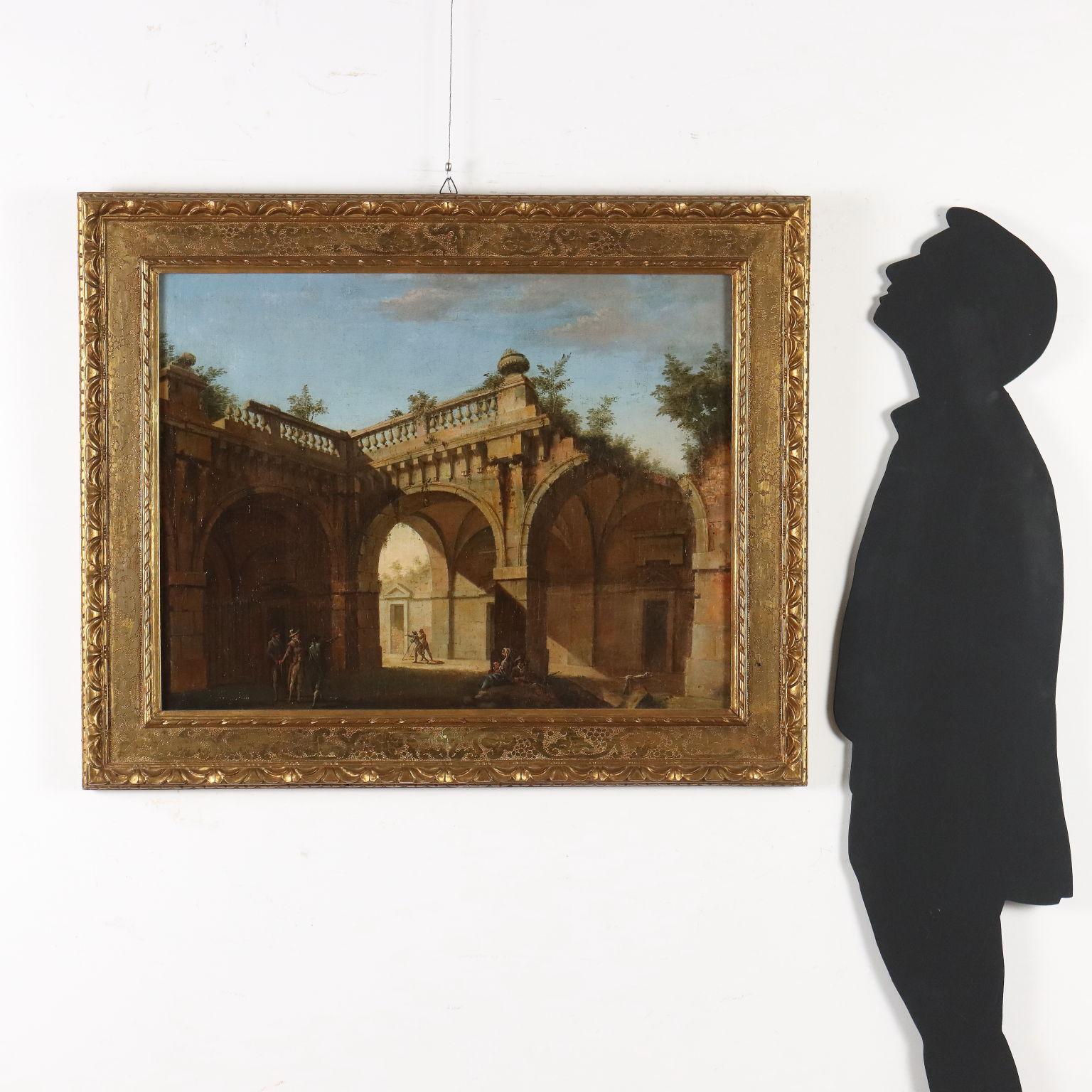 Peinture d'un capriccio architectural avec figures  XVIIIe siècle - Painting de Unknown