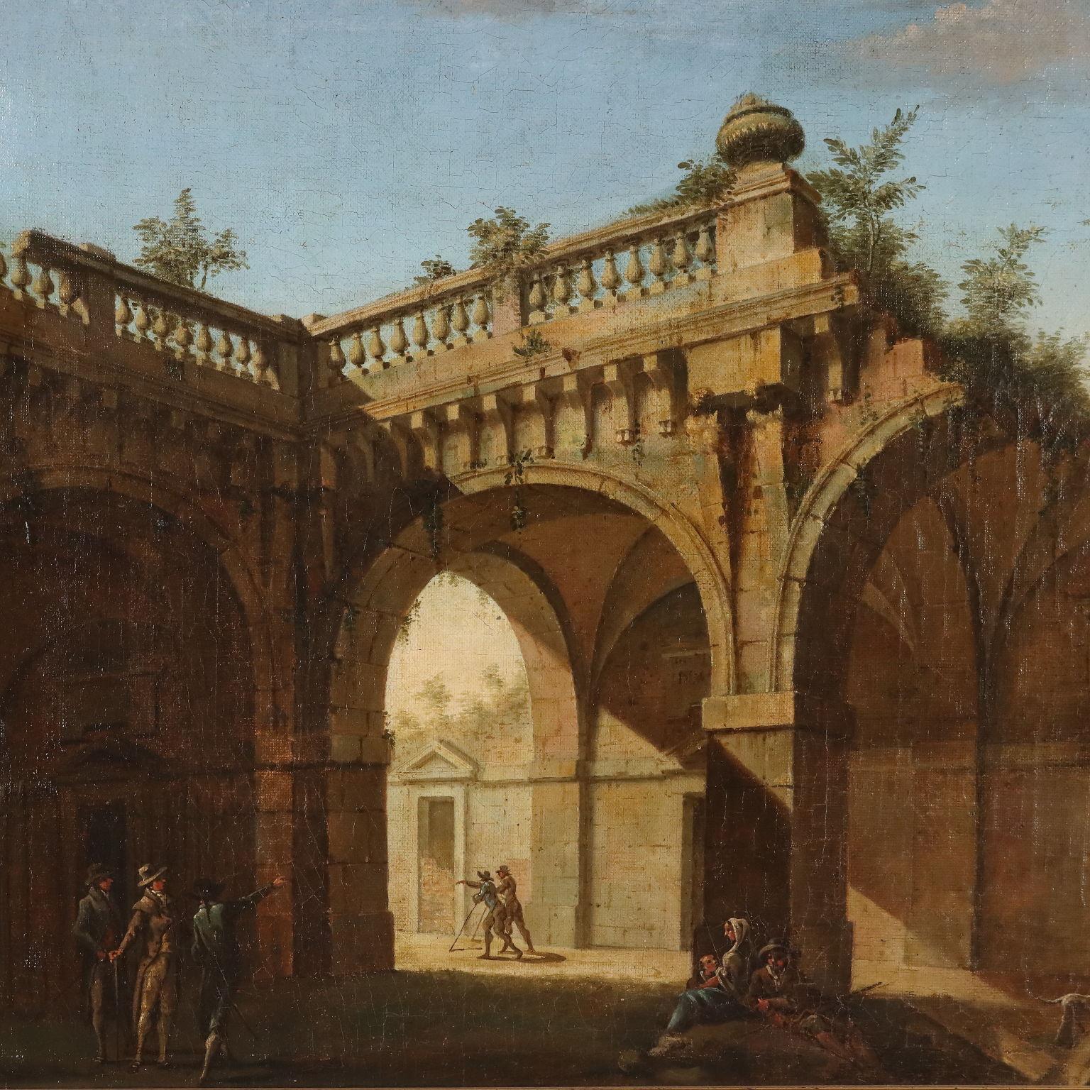 Peinture d'un capriccio architectural avec figures  XVIIIe siècle - Autres styles artistiques Painting par Unknown