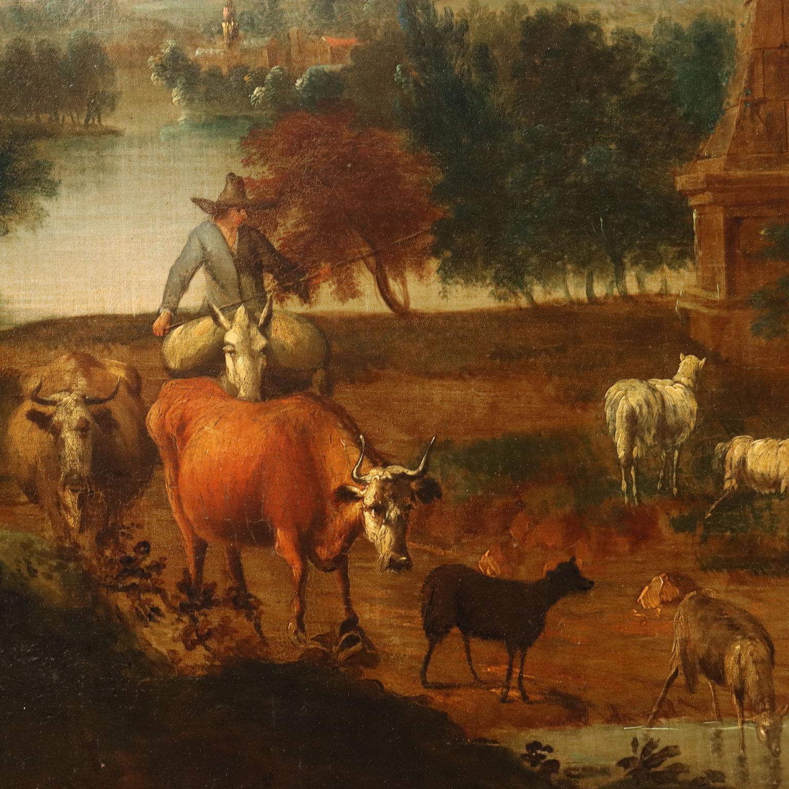 Dipinto Capriccio Architettonico con Figure XVIII secolo (Grau), Landscape Painting, von Unknown