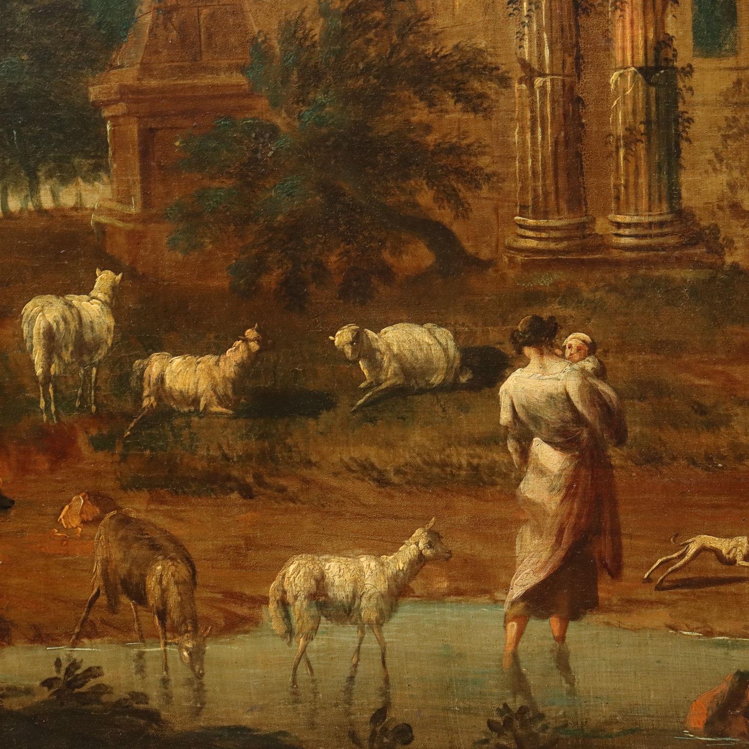 Olio su tela. Scuola fiamminga del XVIII secolo.
L'opera era stata attribuita all'ambito di Hendrick Mommers (1623 -1693) in un' asta da Christie's del 1991.
Presenta un classico capriccio architettonico, ovvero un vasto paesaggio in cui sono