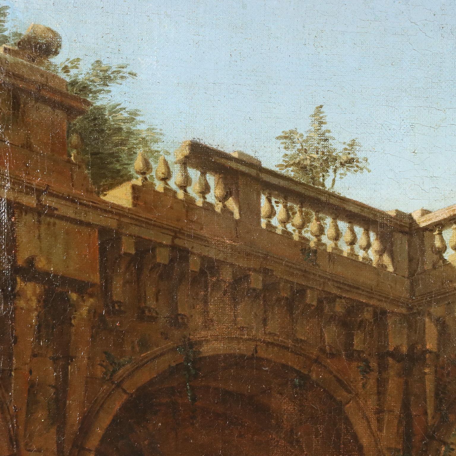 Peinture d'un capriccio architectural avec figures  XVIIIe siècle en vente 3
