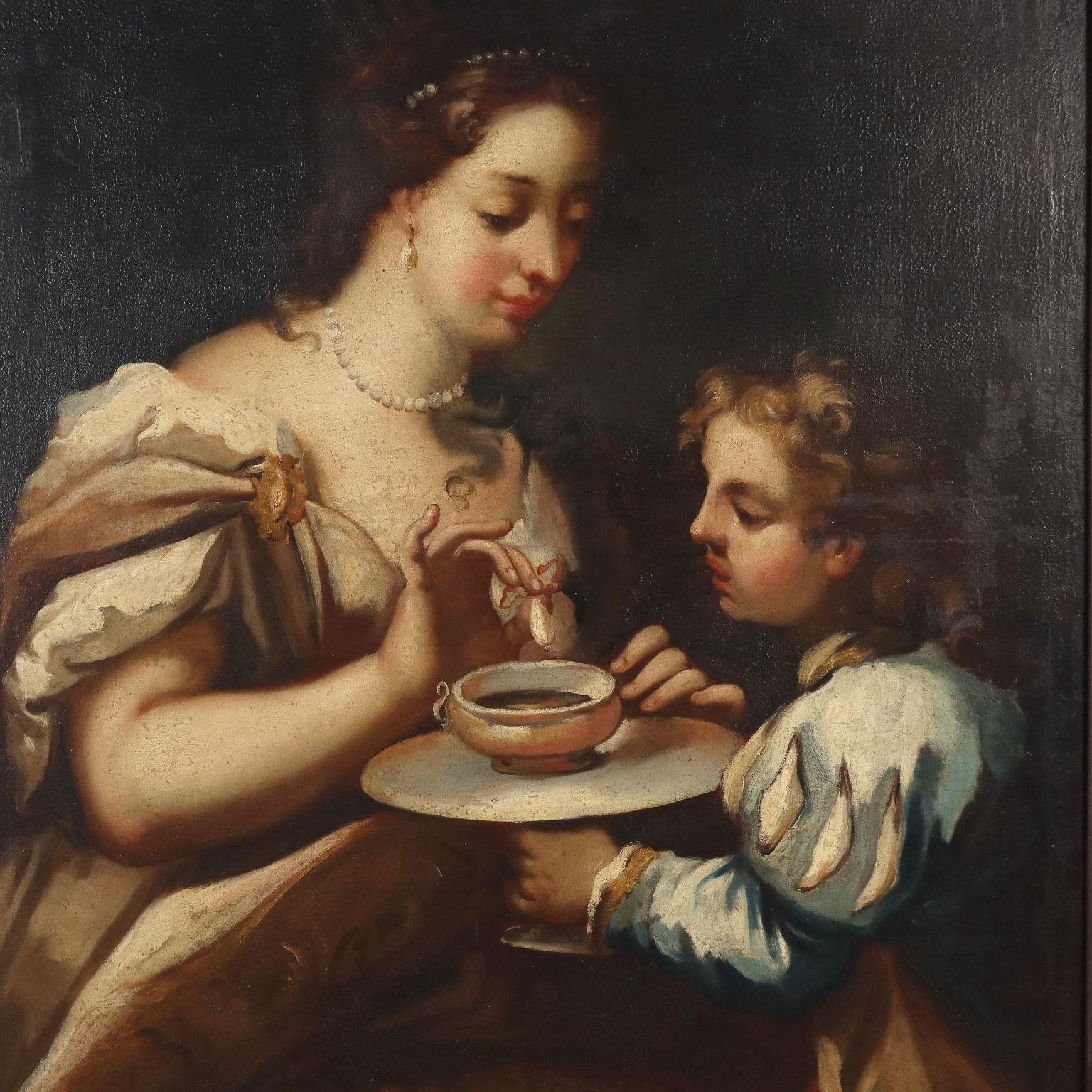Cleopatra pintada funde una perla en una taza de vinagre  Siglo XVII - Painting Otro estilo de arte de Unknown