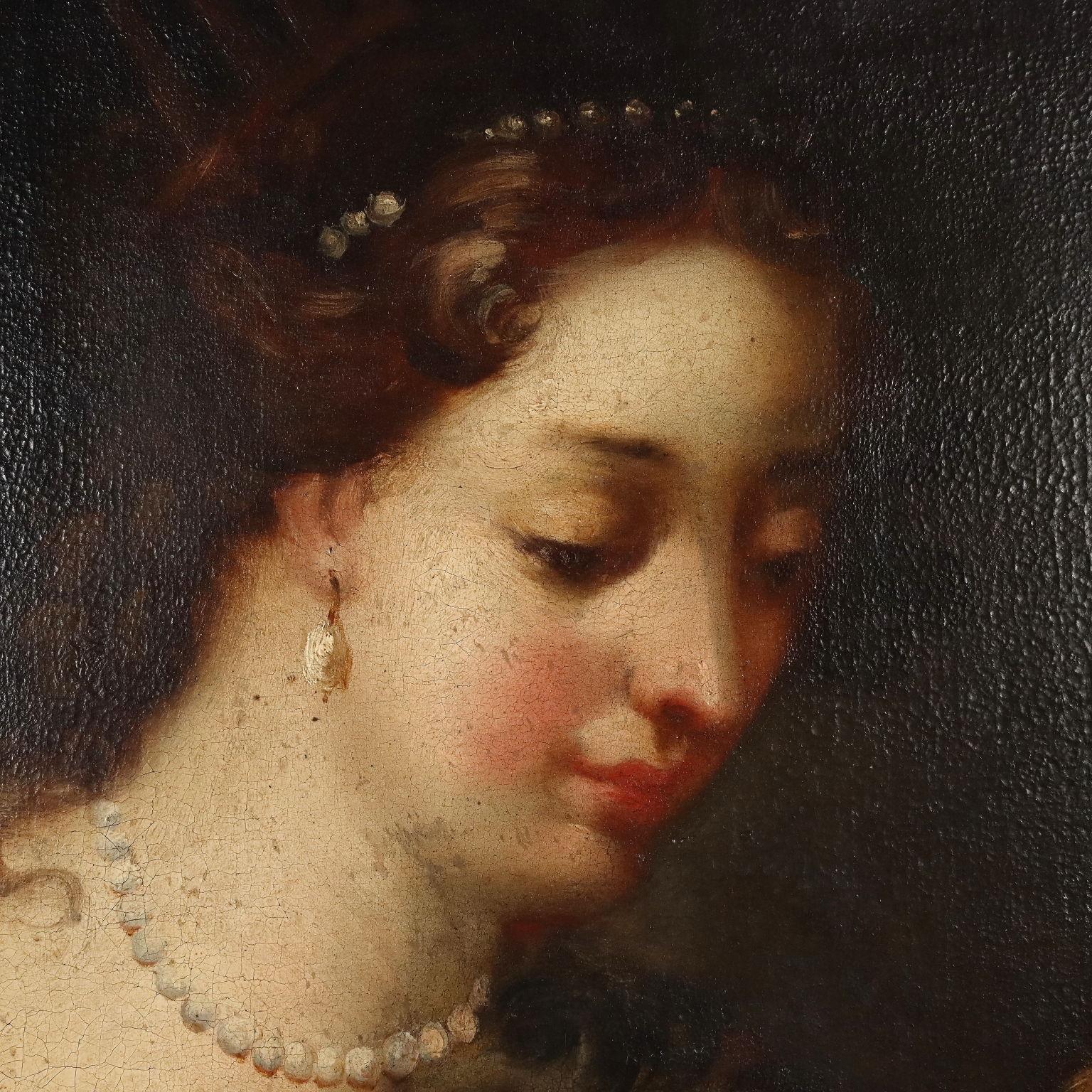 Cleopatra pintada funde una perla en una taza de vinagre  Siglo XVII - Figurative Painting Black de Unknown