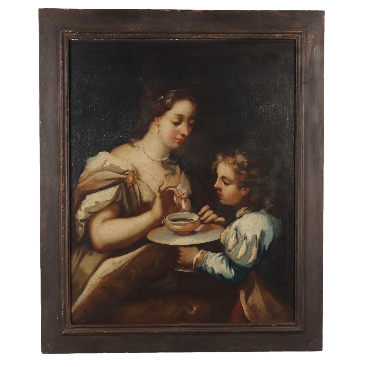 Figurative Painting de Unknown - Cleopatra pintada funde una perla en una taza de vinagre  Siglo XVII