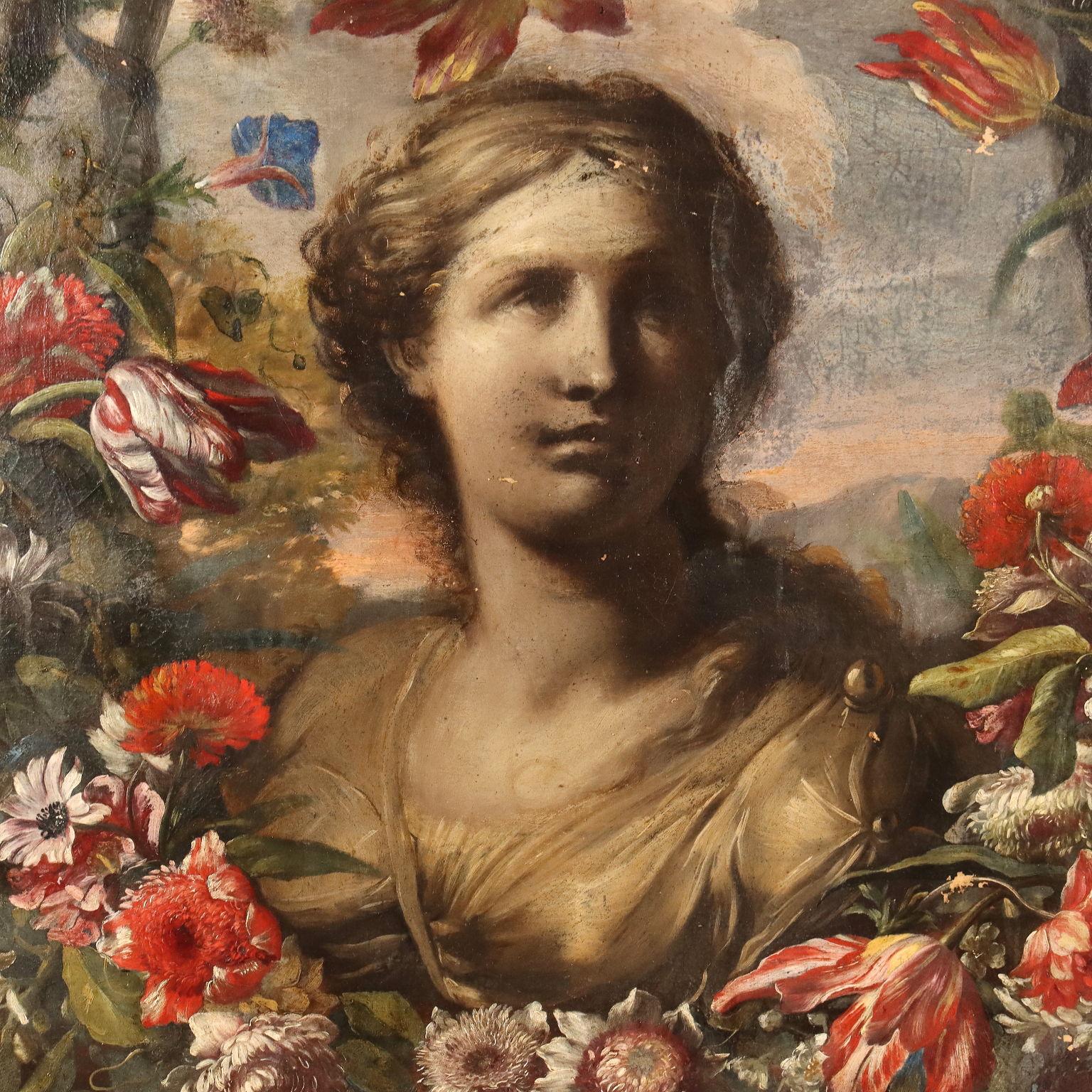 Painting with Female Bust with Flower Garland, late 17th, early 18th century For Sale 1