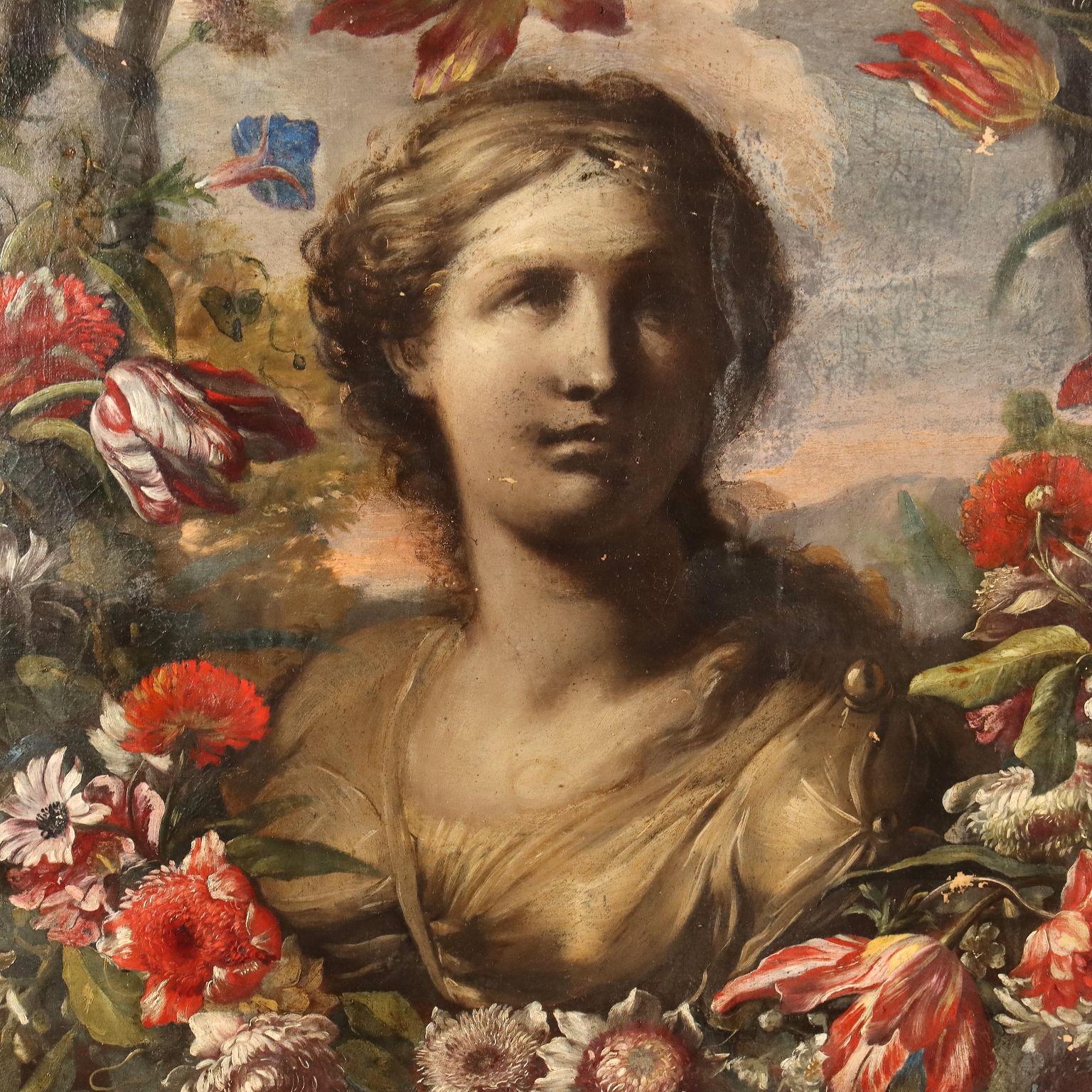 Peinture représentant un buste de femme avec une guirlande de fleurs, fin XVIIe, début XVIIIe siècle - Autres styles artistiques Painting par Unknown