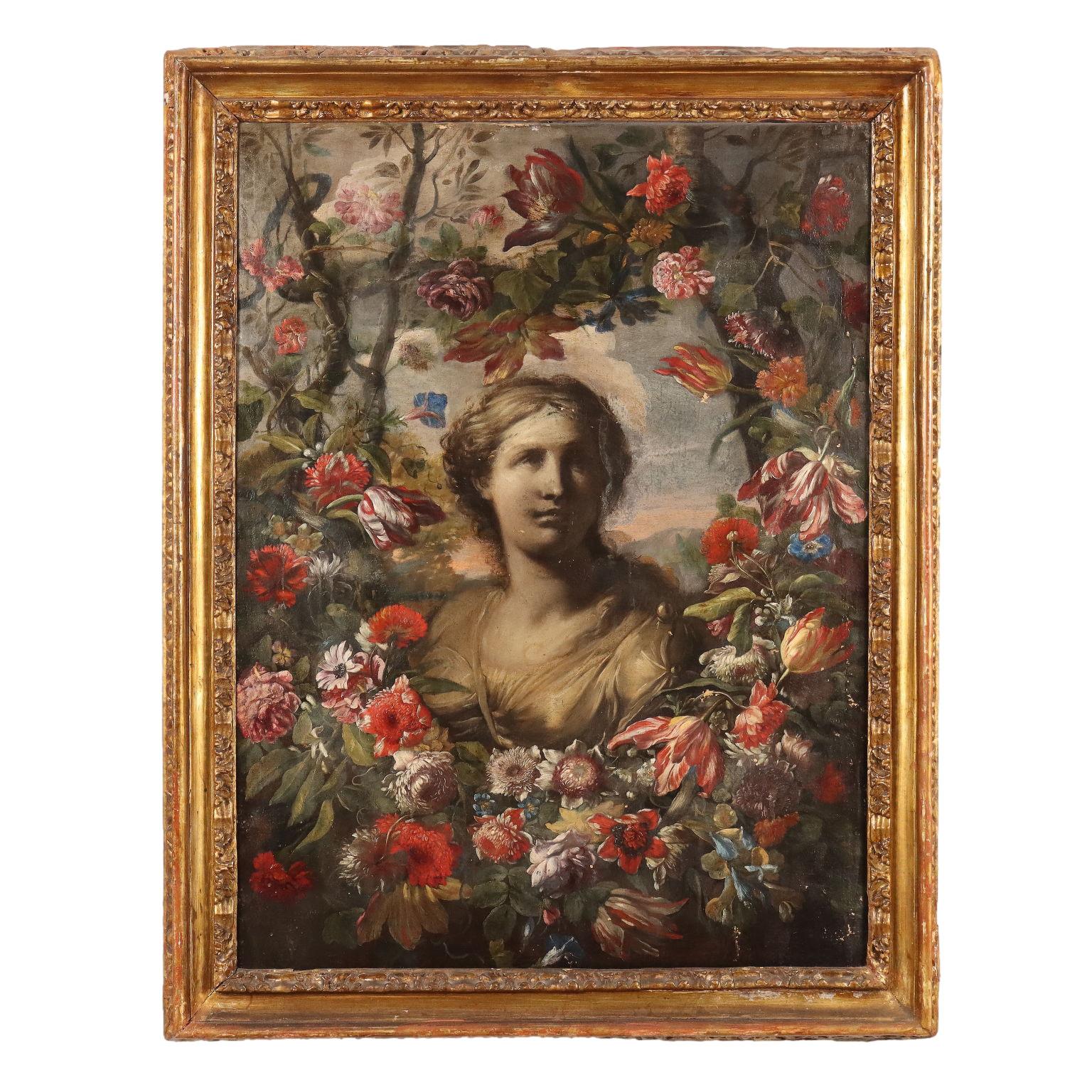 Unknown Figurative Painting - Painting with Female Bust with Flower Garland, late 17th, early 18th century