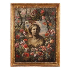 Gemälde mit weiblicher Büste mit Blumengirlande, Ende 17., Anfang 18