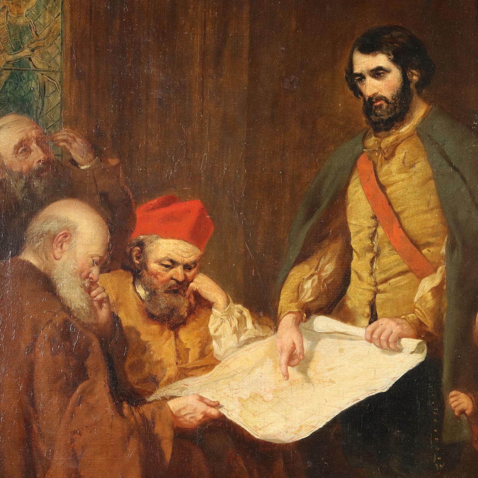 Unknown Figurative Painting - Dipinto con Cristoforo Colombo nel Convento die La Rabida, XIX secolo