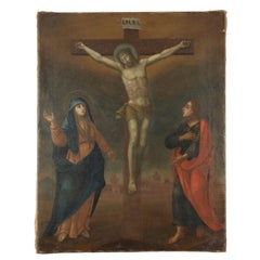 Antique Painting with Crucifixion Madonna and St. John