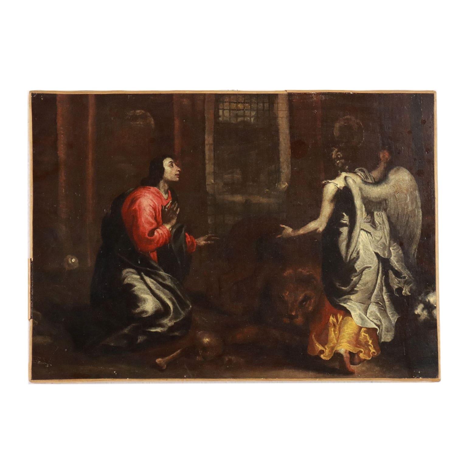 Figurative Painting Unknown - Peinture avec Daniel dans la fosse aux lions, 17e siècle
