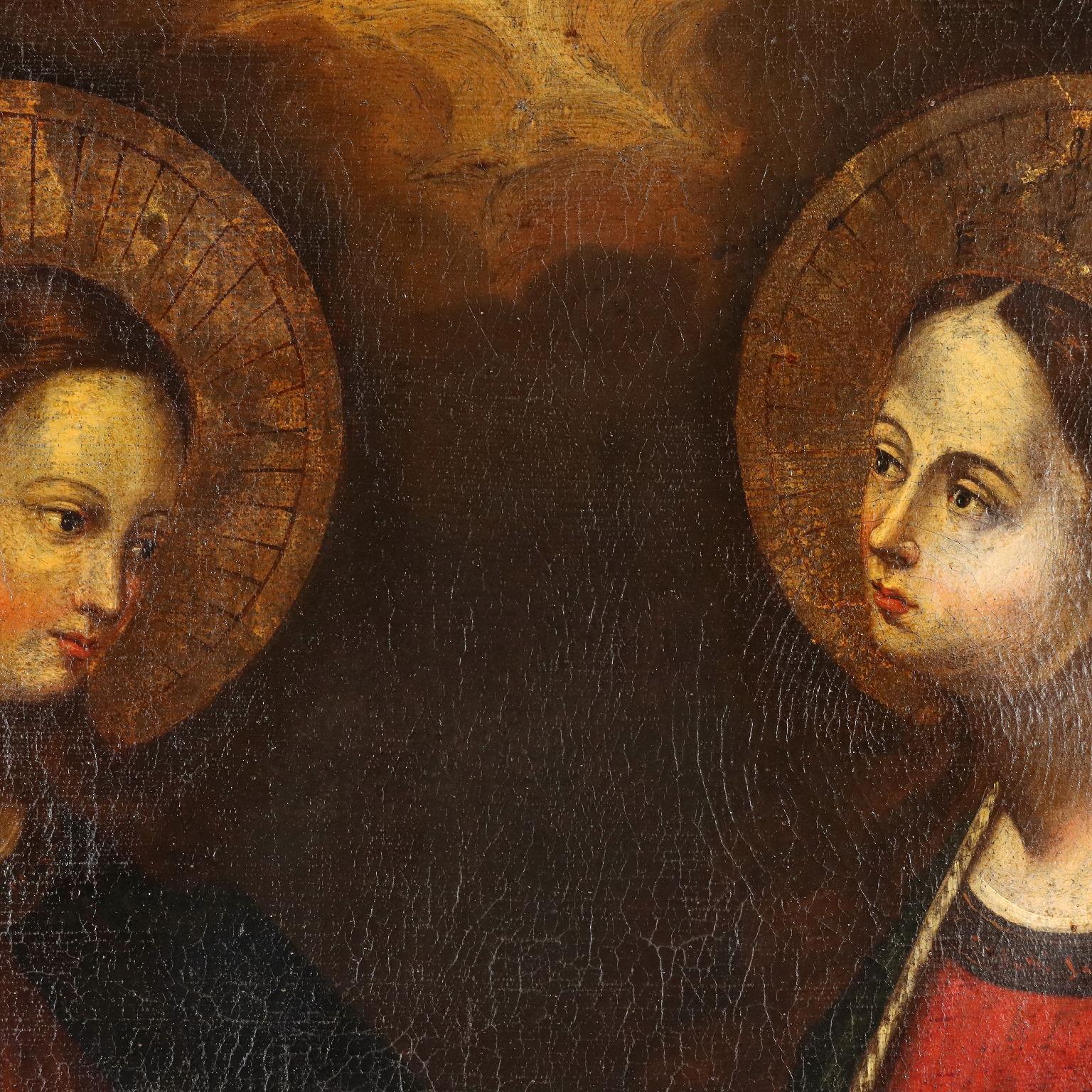 Oil on Canvas.
The painting offers portraits of two saints, half-length: both young and beautiful, the one on the right wears a crown on her head, but no other iconographic signs are present to identify them.
Above them hovers, surrounded by light,