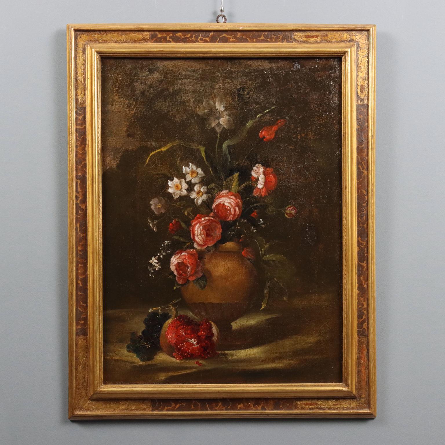 Unknown Still-Life Painting - Painting with Still Life with Flowers and Fruit. Central Italian school 18th century