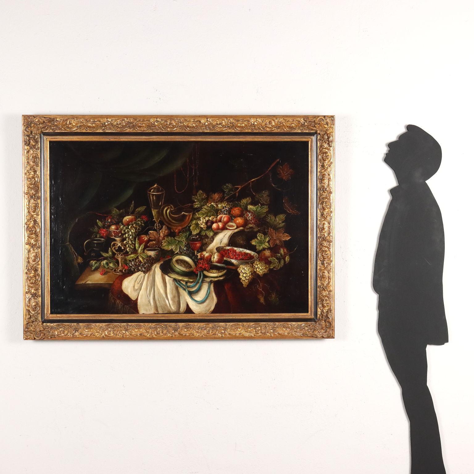 Dipinto con Natura morta con Frutta e Vasellame, XX secolo - Painting by Unknown