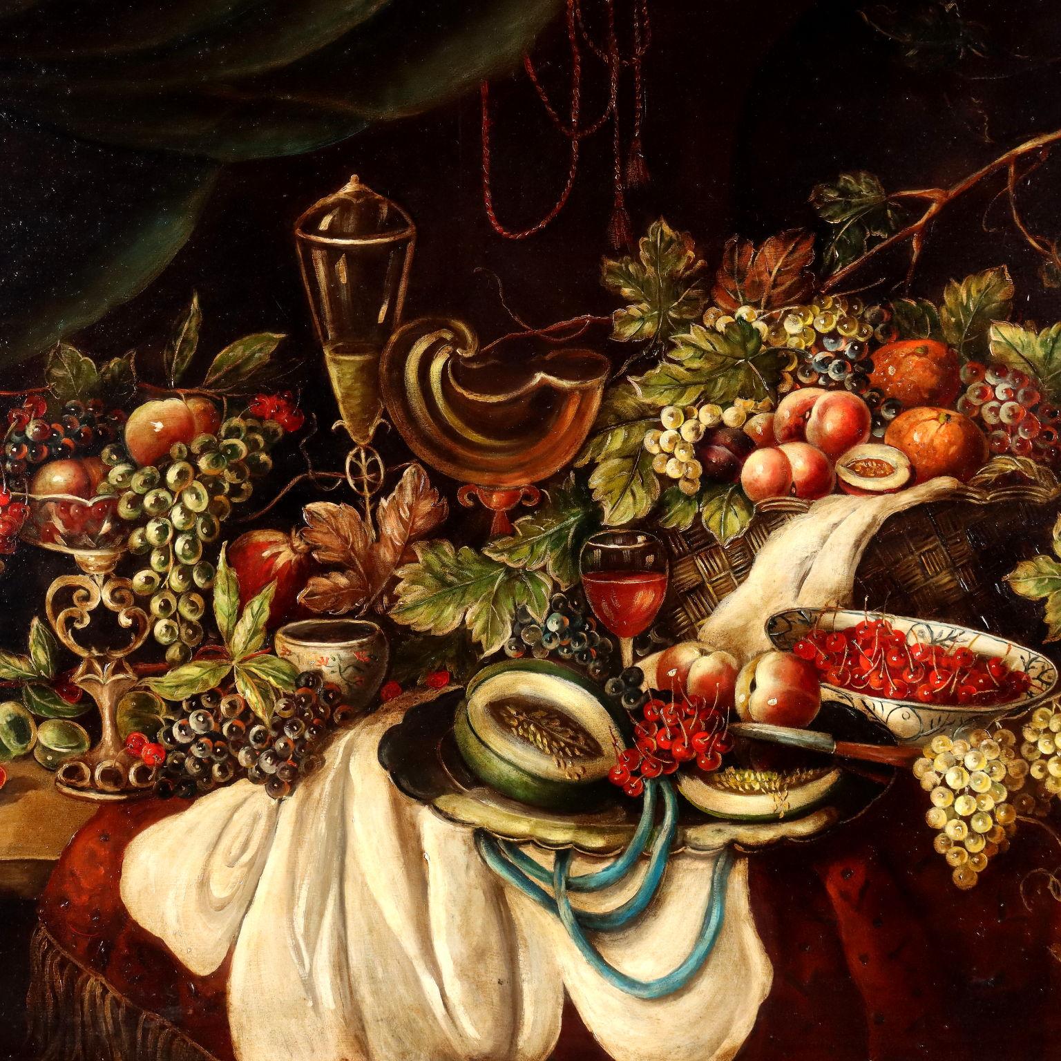 Dipinto con Natura morta con Frutta e Vasellame, XX secolo - Other Art Style Painting by Unknown